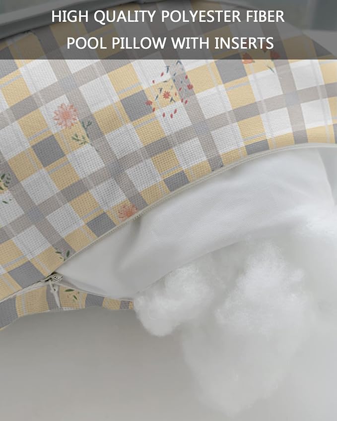 Outdoor Pillows Covers with Inserts Yellow Gray Plaid Plants Flower Pattern Waterproof Recliner Pillow with Adjustable Strap Throw Pillows for Patio Furniture Pool Lounge Chair, 12x20 inch, 1PCS