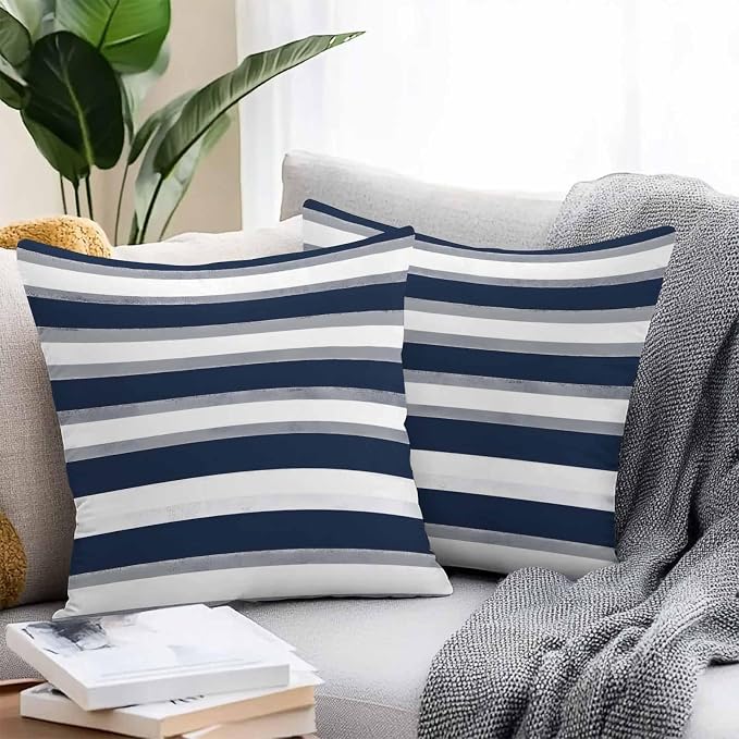 Minimalist Blue Grey White Line Outdoor Pillow Covers 16x16in Pack of 2 Waterproof Pillowcase Classic Colorful Ombre Stripe Decorative Throw Cushion Case for Patio Couch Sofa