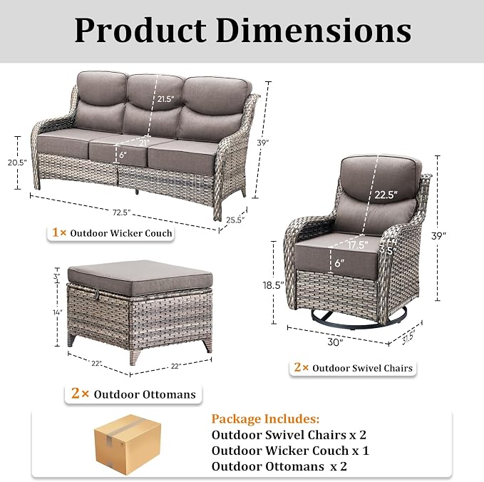 Luxury High Back Patio Furniture Set with 6-Inch Thick Cushions, 5-Pieces Outdoor Furniture with Swivel Chairs, Wicker Conversation Set for Porch, Balcony, Deck and Yard, Grey