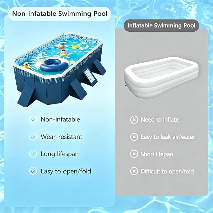 Foldable Swimming Pool, Rectangular Above Ground Swimming Pool for Outdoor Family Square Pool with Drain Plug and Drain Hole, Easy to Assemble Pool for Kids, Pets and Dogs(116" L x 65" W)