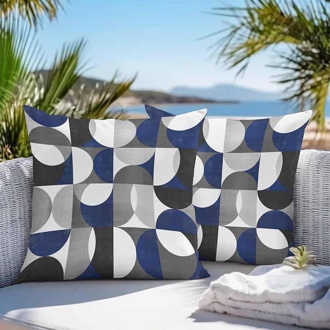 Vandarllin Outdoor Throw Pillows Covers 18x18 inch Set of 2 Waterproof Modern Blue Gray Geometric Decorative Zippered Cushion Covers for Patio Furniture, Abstract Mid Century Lumbar Pillowcases