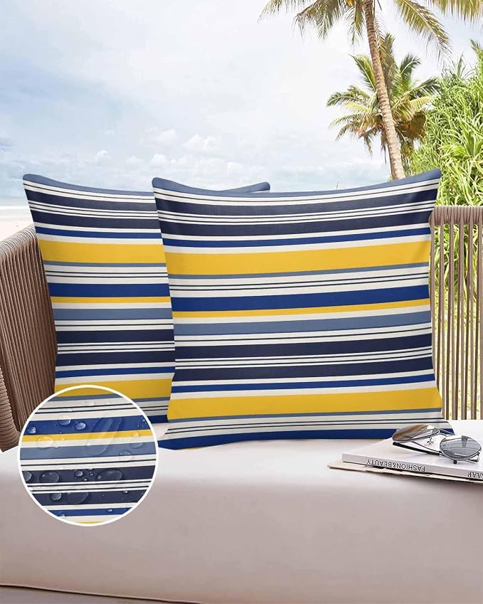 Outdoor Waterproof Throw Pillow Covers Set of 2 Yellow Stripes Lines Pillowcases 20x20 Inches Navy Blue Classic Striped Decorative Pillows Cushion Case Patio Pillows for Couch Bed Chair Garden