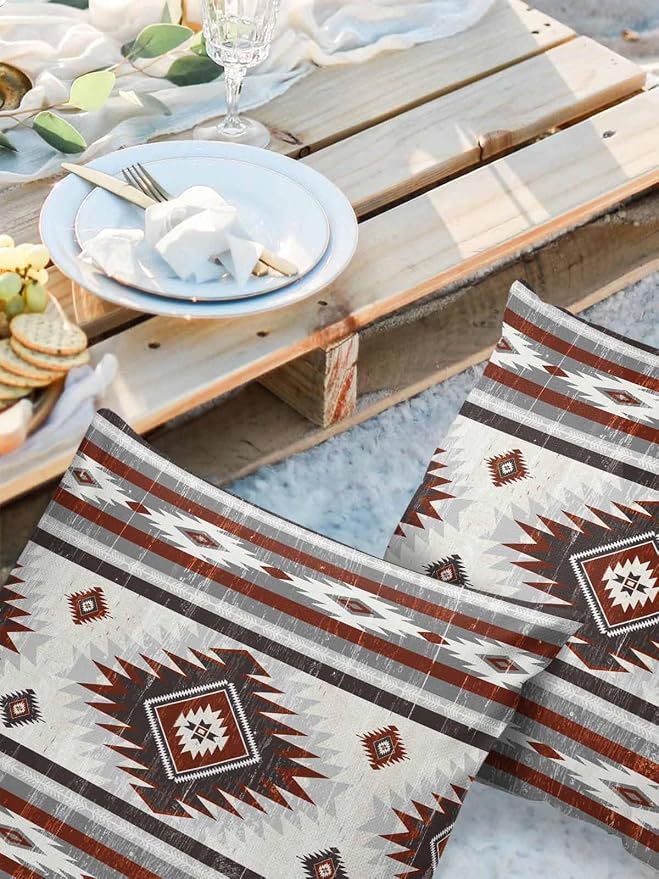 Outdoor Waterproof Throw Pillow Covers Set of 2 Red Gray Boho Aztec Pillowcases 24x24 Inches Southwest Tribal Geometric Patio Decorative Pillows Cushion Case Patio Pillows for Couch Bed Chair Garden