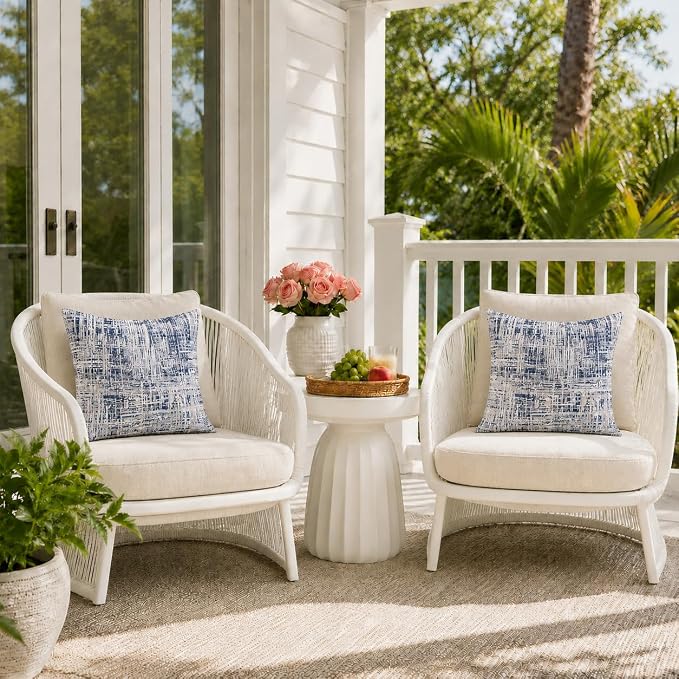 Outdoor Pillow Covers Waterproof Throw Pillow Covers, Set of 2 Jacquard Texture Water Resistant Fade Resistant Decorative Cushion Covers for Garden Patio Bench Couch Sofa, 18x18 Inch (Blue Grid)
