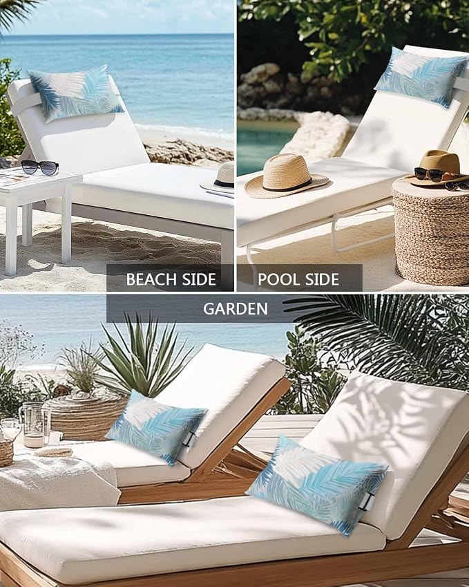 Outdoor Pillows Waterproof Covers Set of 2, Blue Palm Leaves Adjustable Elastic Chaise Lounge Head Resting Pillows, Tropical Leaf Plant Lumbar Pillow for Pool Beach Patio Furniture 20x12 Inch