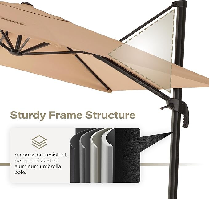 LAUSAINT HOME 9ft Square Cantilever Patio Umbrella, Outdoor Offset Hanging Umbrella with 360° Rotation & Aluminum Pole for Backyard, Pool, Lawn, Deck, Khaki