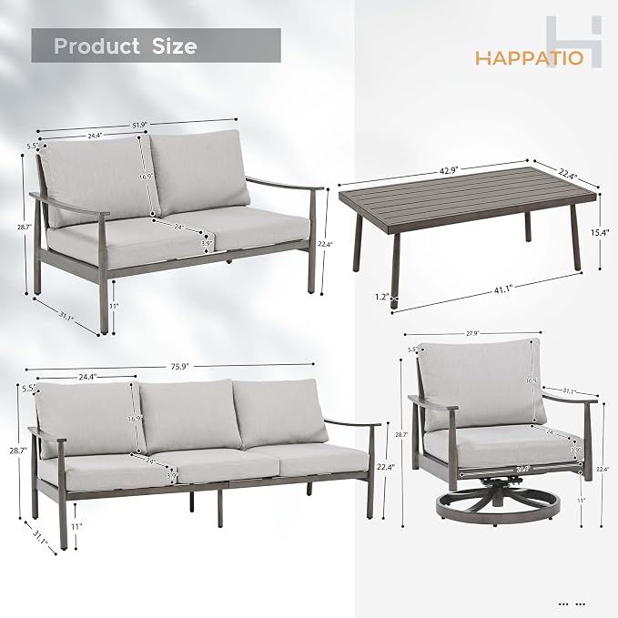 HAPPATIO Outdoor Furniture Set - 5 Piece Aluminum Patio Conversation Set with 1 Coffee Table, 2 Swivel Chairs, Loveseat and 3-Seat Sofa, Aluminum Patio Furniture Set for Backyard Deck Poolside (Grey)