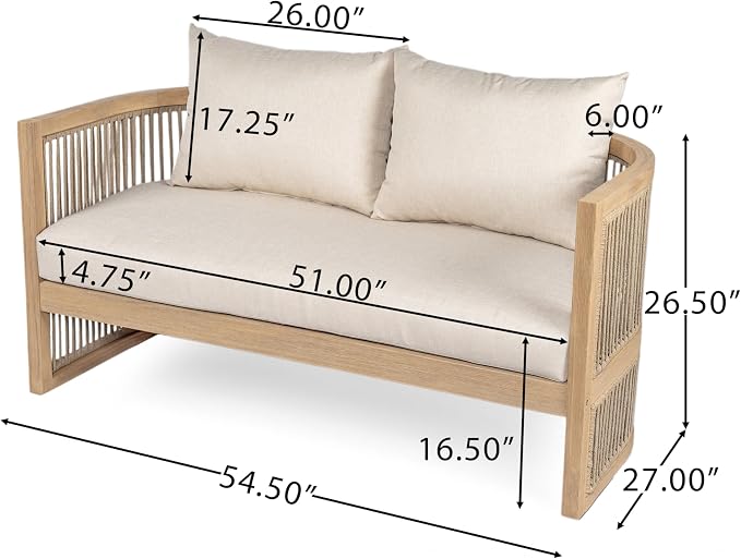 Christopher Knight Home Eden 5 Piece Patio Furniture Set with MGO Fire Pit + Tank Holder, 4-Seater Outdoor Acacia Wood Conversation Set with Cushions and Rectangular Fire Table, Light Teak+Beige+Gray