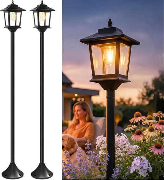 PASAMIC Solar Post Lights Outdoor, 2-Pack 63" Solar Lamp Posts Waterproof with 1 Replaceable Bulb, Warm White Dusk to Dawn Pole Lights for Garden, Patio, Pathway