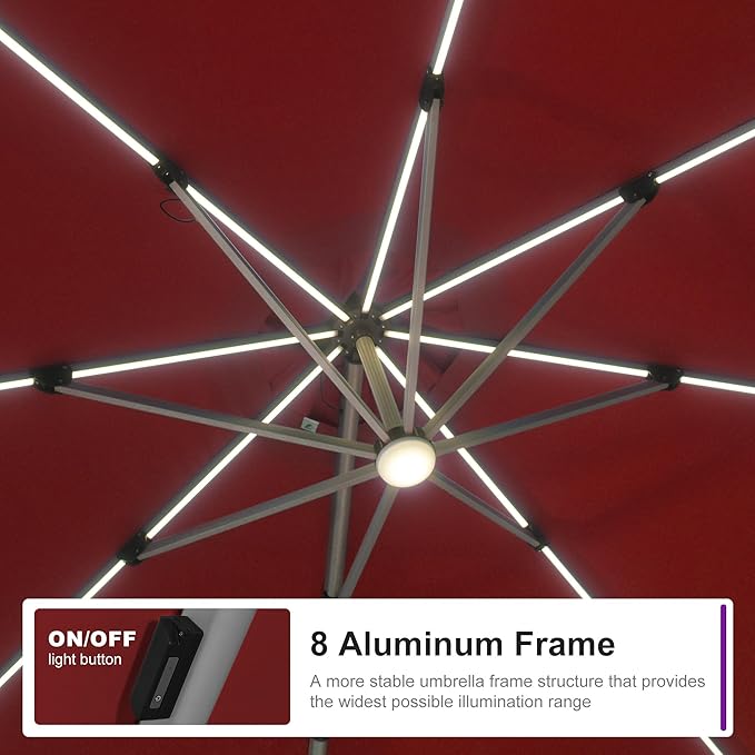 PURPLE LEAF 11ft Patio Umbrella with Lights Outdoor Round Cantilever Solar Powered LED Umbrella with 360-degree Rotation for Garden Deck Pool Patio, Terra