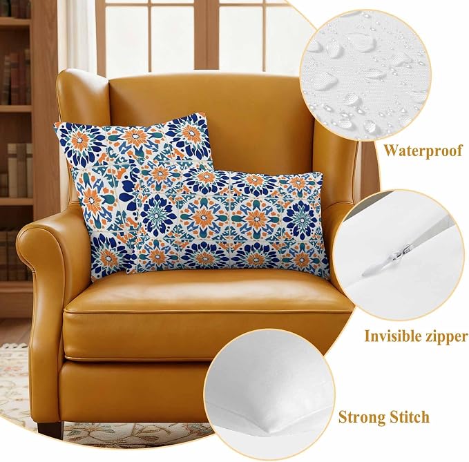 Retro Abstract Geometric Outdoor Pillow Covers Set of 2 Orange Blue Floral Texture Waterproof Throw Pillow Cover Decorative Cushion Cases for Patio Porch Garden 20X12 Inch