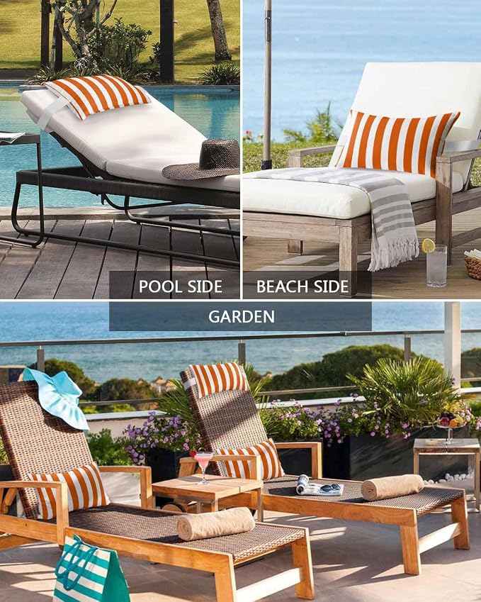 DecorLovee Burnt Orange Striped Outdoor Recliner Pillows for Head, Thanksgiving Waterproof Chair Pillow with Elastic Stripe, Farmhouse Orange Stripes Chaise Lounge Pillow for Patio/Pool 1Pack, 11"x16"