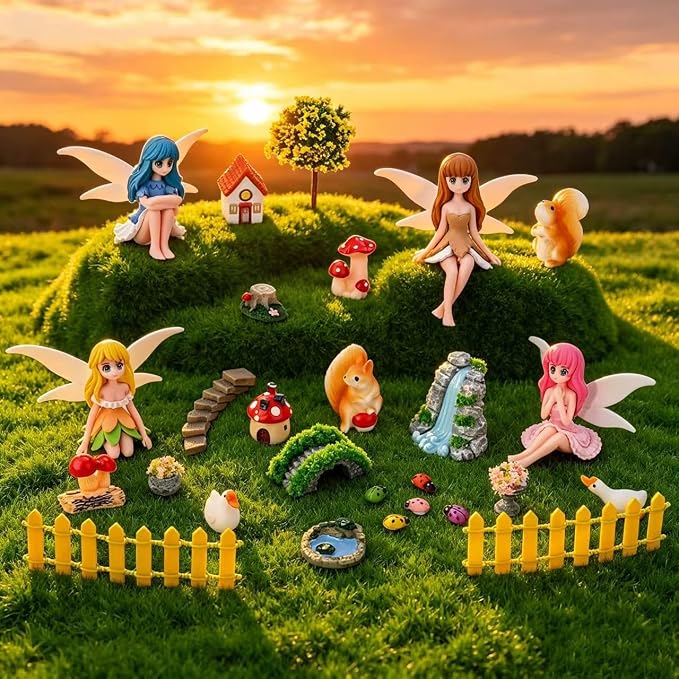 Miniature Fairy Garden Kit 27Pcs Cute Mushroom Figurines & Plants Set Fairy Garden Accessories Tiny Furniture Decor for Terrarium Potted Plant Ornament for Home Desk