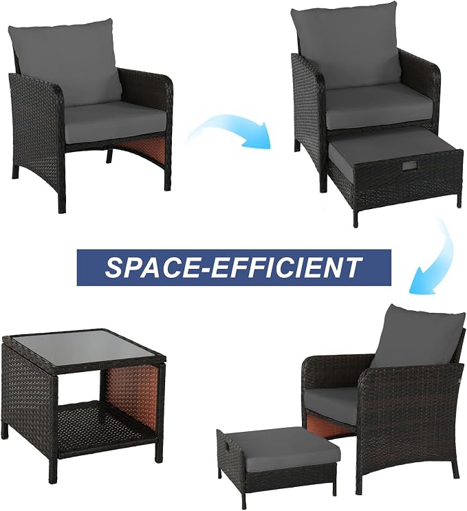 5 Piece PE Wicker Patio Furniture Set, Outdoor Conversation Chairs with Pull Out Hidden Ottoman, Soft Cushions & Glass Coffee Table, Wicker Bistro Set for Porch, Garden, Balcony, Poolside (Grey)