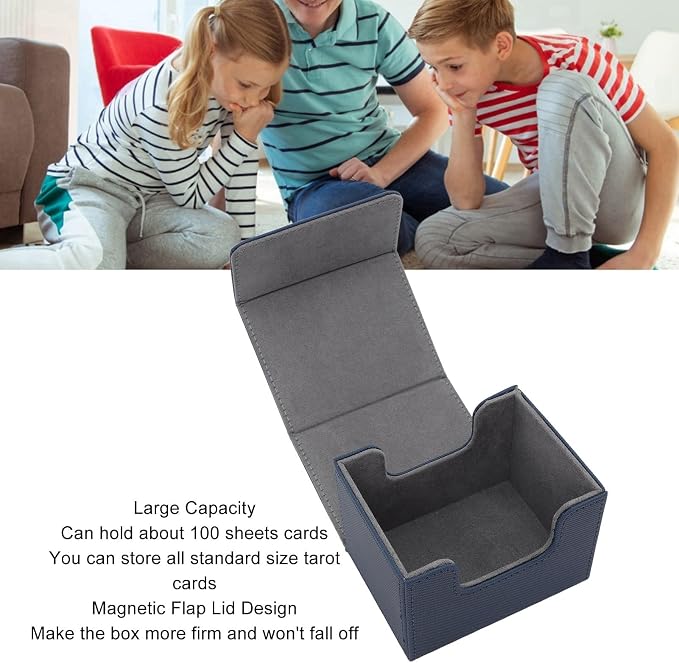 PU Leather Card Deck Box with Magnetic Flap Lid, Large Capacity Card Storage Box/Cover for Tarot Cards and Game Cards, Protective Deck Holds 100, Black (Blue)