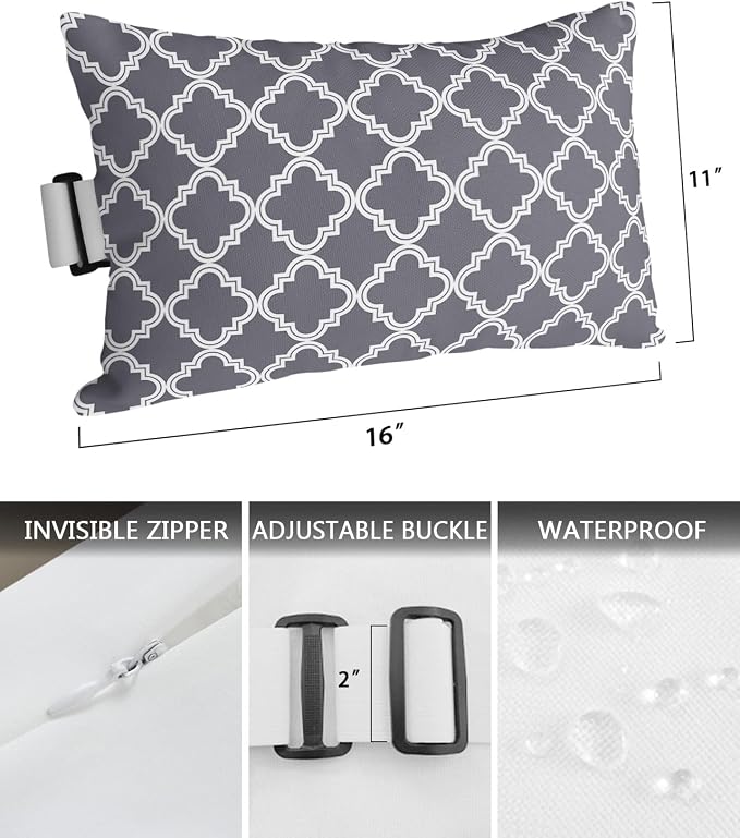 Outdoor Pillows Covers with Inserts Dark Grey Moroccan Pattern Geometric Waterproof Recliner Pillow with Adjustable Strap Throw Pillows for Patio Furniture Pool Lounge Chair, 11x16 inch, 1PCS
