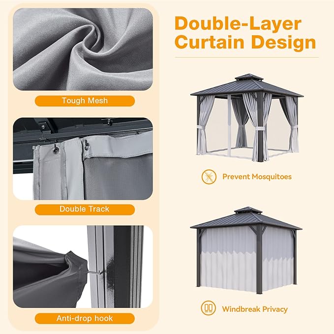 10x10FT Hardtop Gazebo, Metal Frame with Double Galvanized Steel Roof, Permanent Outdoor Pergola with Curtains and Netting Included for Backyard, Patio, Lawn and Garden, Gray
