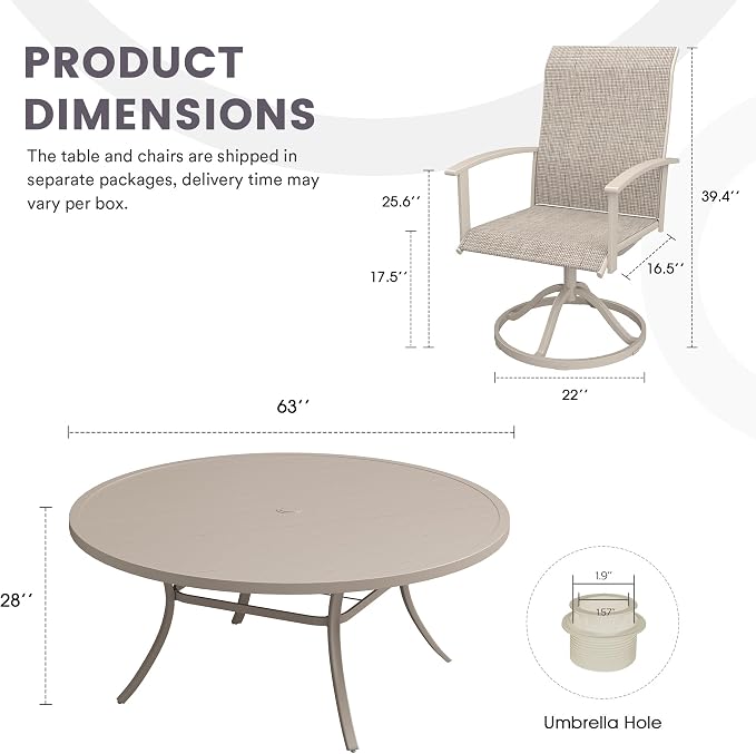 9 Pieces Outdoor Patio Dining Table Set, 63" All Weather Round Metal Table with Umbrella Hole and 8 High Back Textilene Swivel Chairs for Garden, Lawn, Poolside, Sandshell