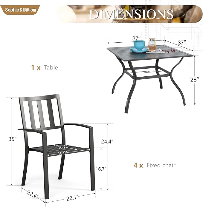 Sophia & William Patio Table and Chairs Set, Outdoor Dining Set for 4, 5 Piece Metal Patio Furniture, 37" Black Square Table(Stripe)