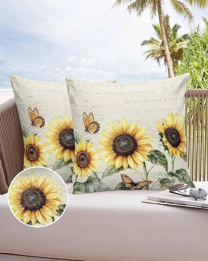 Sunflower Outdoor Waterproof Throw Pillow Covers 20"x20" Set of 2, Pastoral Style Sunflower Butterfly Decorative Garden Pillowcase with Zipper Retro Farmhouse Cushion Case for Patio Couch Tent