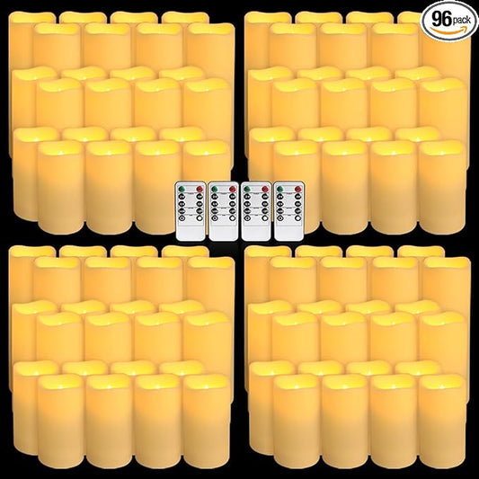 YOROXRG Set of 96 Waterproof Outdoor Flameless Candles, LED Candles with 4 Remote and Timer,(H 4" 5" 6" x D 2.2"),for Halloween Wedding Festival
