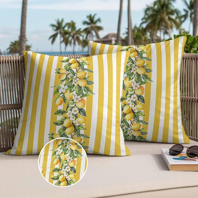 Yellow Lemon Stripes Waterproof Outdoor Pillow Covers Set of 2 Home Decor, Summer Spring Fruit Flowers Leaves Pillowcase Patio Pillow Covers for Couch Bench Furniture Garden 16x16in