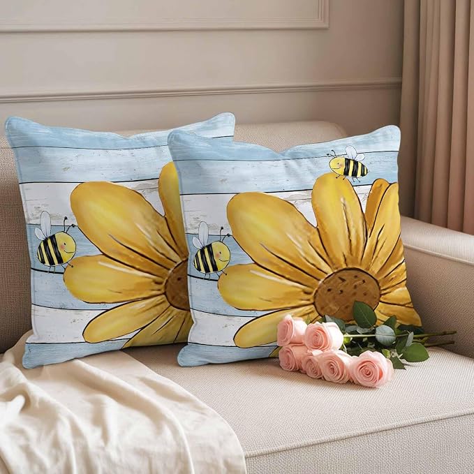 Daisy Flower Honeybees Outdoor Pillow Covers Set of 2 Yellow Farmhouse Floral Blue Wood Grain Waterproof Throw Pillow Cover Decorative Cushion Cases for Patio Porch Garden 24X24 Inch