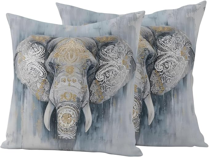 Boho Elephant Outdoor Pillow Covers 26"x26" Set of 2, Floral Pattern Animal Abstract Waterproof Throw Pillow Covers for Patio Furniture, Decorative Cushion Covers for Porch