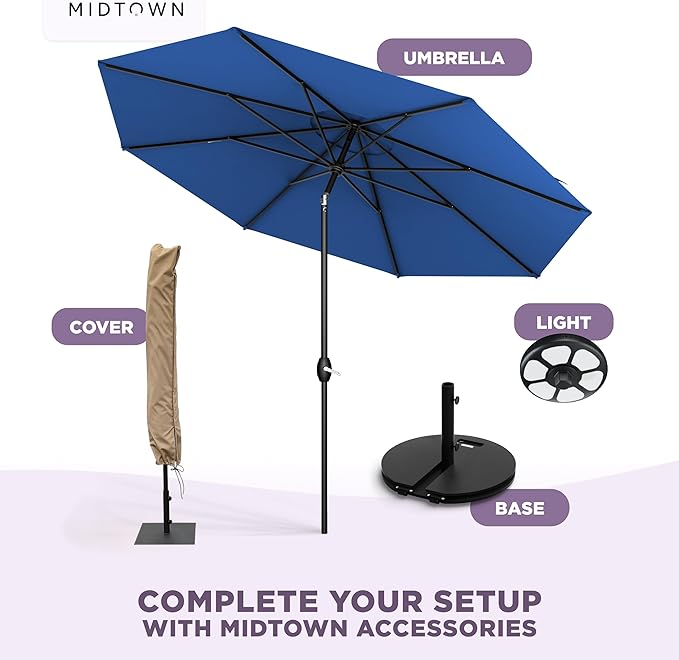 Midtown Umbrellas – The Lean 8 Ft Patio Umbrella with 10-Year-No-Fade Acrylast Acrylic Fabric, Auto-Tilt and 8 Reinforced Ribs for Deck, Pool, Garden, Hotel & Cafes – Deep Atlantic Canopy, Black Pole