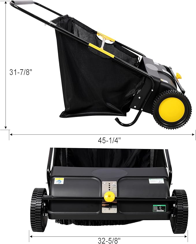 Hand Push Lawn Sweeper, 26 Inch, 7 cu. ft Hopper Bag, Leaf & Grass Collector with Adjustable Brush Height (26 inch)