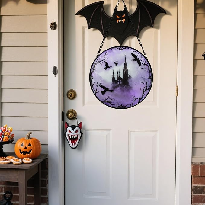 Stained Glass Window Hanging - Halloween Gothic Castle Purple Smoke Suncatcher for Doors Garden Home Spooky Crow Sun Catchers Gothic Decor Horror Gift for Women Men Friend Boy Girl 9.8 in