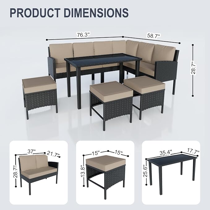 7 Pieces Outdoor Dining Set, Wicker Conversation Patio Furniture with Glass Table, L-Shaped PE Rattan Sectional Sofa Seating with Ottomans for Outside, Backyard, Balcony, Garden, Khaki Cushions
