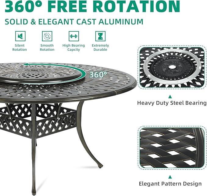 VIVIJASON 9-Piece Outdoor Furniture Dining Set, Rust-Free Cast Aluminum Patio Conversation Set, Include 8 Cushioned Chairs & 61" Round Dining Table with 31" Lazy Susan, Umbrella Hole, Khaki