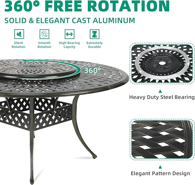 VIVIJASON 9-Piece Outdoor Furniture Dining Set, Rust-Free Cast Aluminum Patio Conversation Set, Include 8 Swivel Dining Chairs & 61" Round Dining Table with 31" Lazy Susan, Umbrella Hole, Ocean Blue