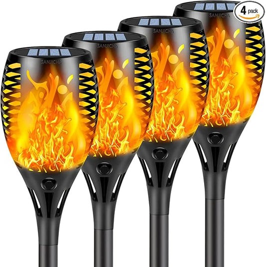 Solar Torch Lights with Flickering Flame Larger Size Solar Flame Lights | 4 Pack Upgraded Solar Lights Outdoor for Halloween Decor, Waterproof Solar Tiki Torches Outdoor for Garden Yard Pathway Patio