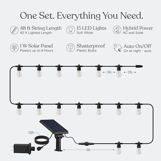 Brightech Ambience Hybrid Outdoor String Lights - Dual Plug and Solar Powered Waterproof LED Light String for Outside - 48 Ft, Soft White Edison Bulbs, for Camping, Patio, Cafe, Yard, Porch