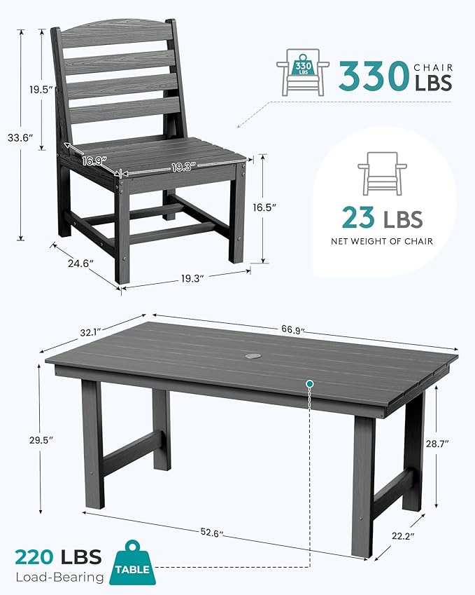 SERWALL 7-Pc HDPE Patio Dining Set, 1 Table & 6 Armless Chairs, Gray | HDPE Outdoor Dining Set with Rectangular Table & 6 Armless Chairs, All-Weather Resistant SERWALL Dining Set for 6