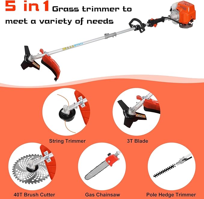 52cc 2-Stroke Gas Weed Eater, 5 in 1 Weed Wacker Gas, Hedge Trimmer with Attachments, 9500rpm Strong Power & Brush Cutter for Yard and Garden (Orange)