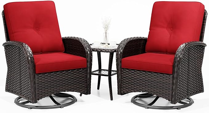 Joyside Outdoor Swivel Rocker Chairs, 3 Piece Wicker Patio Set with Thickened Cushions, High Back, Deep Seating, Wide Armrest, Outdoor Swivel Chairs for Porch, Deck