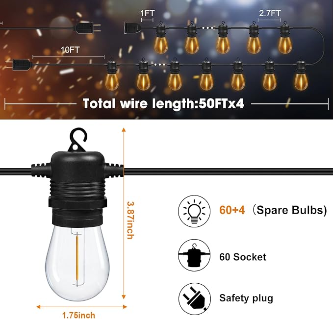 GvvooHome 200FT(50FT*4) LED Outdoor String Lights Waterproof Patio Lights with 64 Shatterproof S14 Edison Bulbs(4 Spare), Dimmable Hanging Outdoor Light Connectable for Yard, Porch, 2700K Warm White