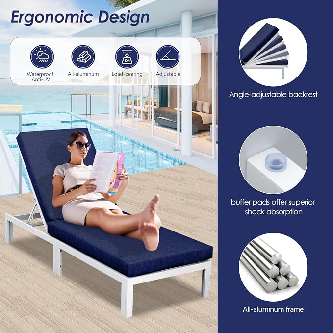 RADIATA 9 Pcs Oversized Contemporary Aluminum Patio Furniture Set, All Weather Modular Sectional Sofa with Tanning Chair & Fireplace, 500 lbs Heavy Duty Comfy Outdoor Couch for Beach Deck, Navy Blue