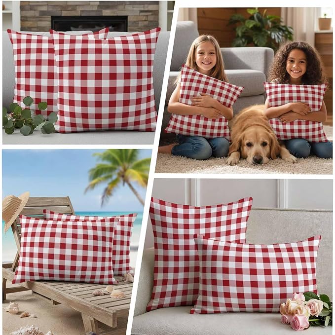 Outdoor Throw Pillow Covers,Red Pink and White Plaid Waterproof Decorative Pillowcases Cushion Cover Pastoral Farm Style Pillow Cases for Patio Couch Sofa Bed,16x16in Set of 2