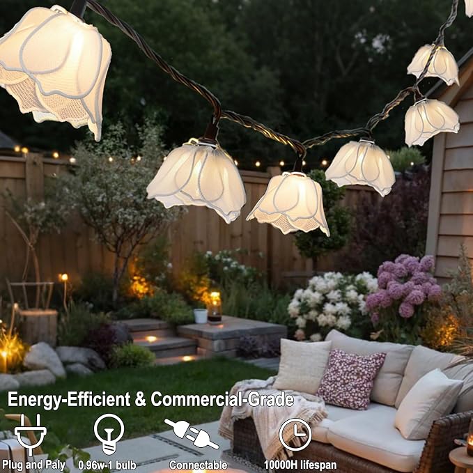 Decorative String Lights Plug in with 10 Bulbs, Flower Garland Fairy Lights Connectable Weatherproof Outdoor Indoor for Wedding Garden Pergola Bedroom Porch Floral Home Decor (White)