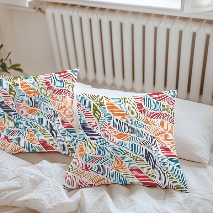 Vandarllin Outdoor Throw Pillows Covers 24x24 inch Set of 2 Waterproof Summer Beach Decorative Zippered Cushion Covers for Patio Furniture, Orange Blue Abstract Leaf Lines Lumbar Pillowcases