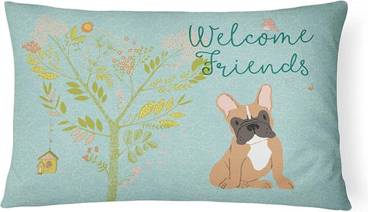 Caroline's Treasures BB7633PW1216 Welcome Friends Fawn French Bulldog Canvas Fabric Decorative Pillow Machine Washable, Indoor Outdoor Decorative Pillow for Couch, Bed or Patio, 12HX16W