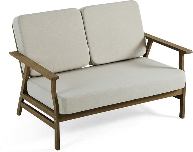 3 Pieces Patio Furniture Sets, Teak Wood Outdoor Sectional Furniture with Coffee Table, 5 Seats Patio Sofa Couch Conversation Set for Backyard Deck - Light Camel