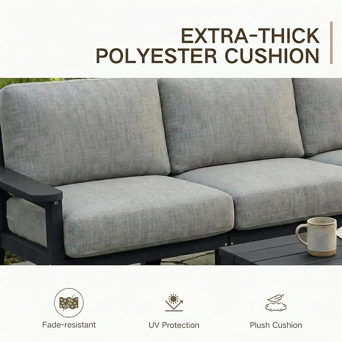 Kingdura HDPE Patio Furniture Set, 3 Piece Outdoor Sectional Sofa with Coffee Table, All Weather Outdoor Couch Conversation Set with Washable Cushions for Backyard Poolside Balcony
