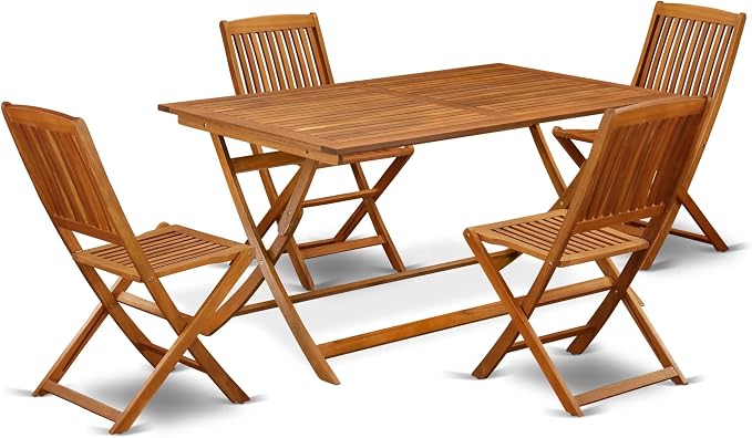 East West Furniture AECM5CWNA 5 Piece Patio Bistro Dining Furniture Set Includes a Rectangle Outdoor Acacia Wood Table and 4 Folding Side Chairs, 36x60 Inch, Natural Oil
