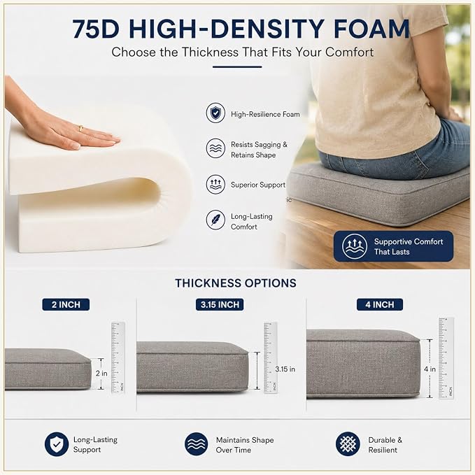 Custom Window Seat Cushion, Bench Cushion Made to Fit | 75D high-density foam, fabric, thickness and shape options, hidden zipper, optional piping, non-slip bottom, indoor furniture