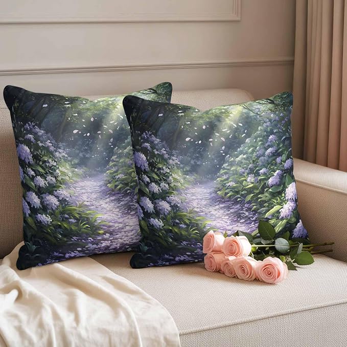 Purple Floral Outdoor Waterproof Throw Pillow Covers Set of 2, 18"x18", Spring Landscape Scenery Nature Decorative Pillow Covers Outside Cushion Case for Patio Porch Garden